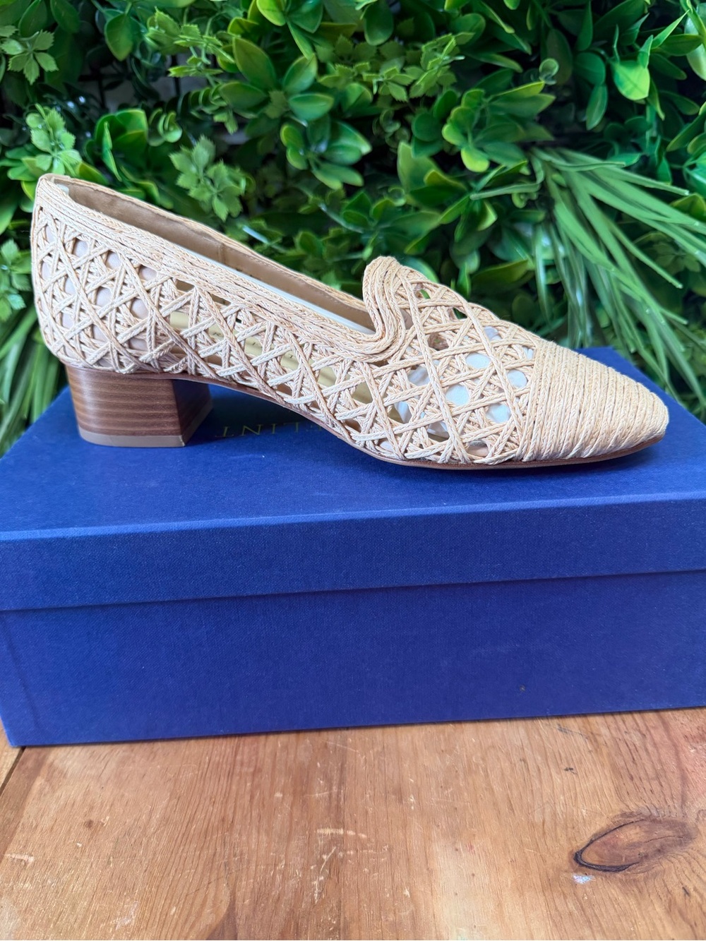 Sarah Flint Beige Woven Raffia Low Block Heel Loafer